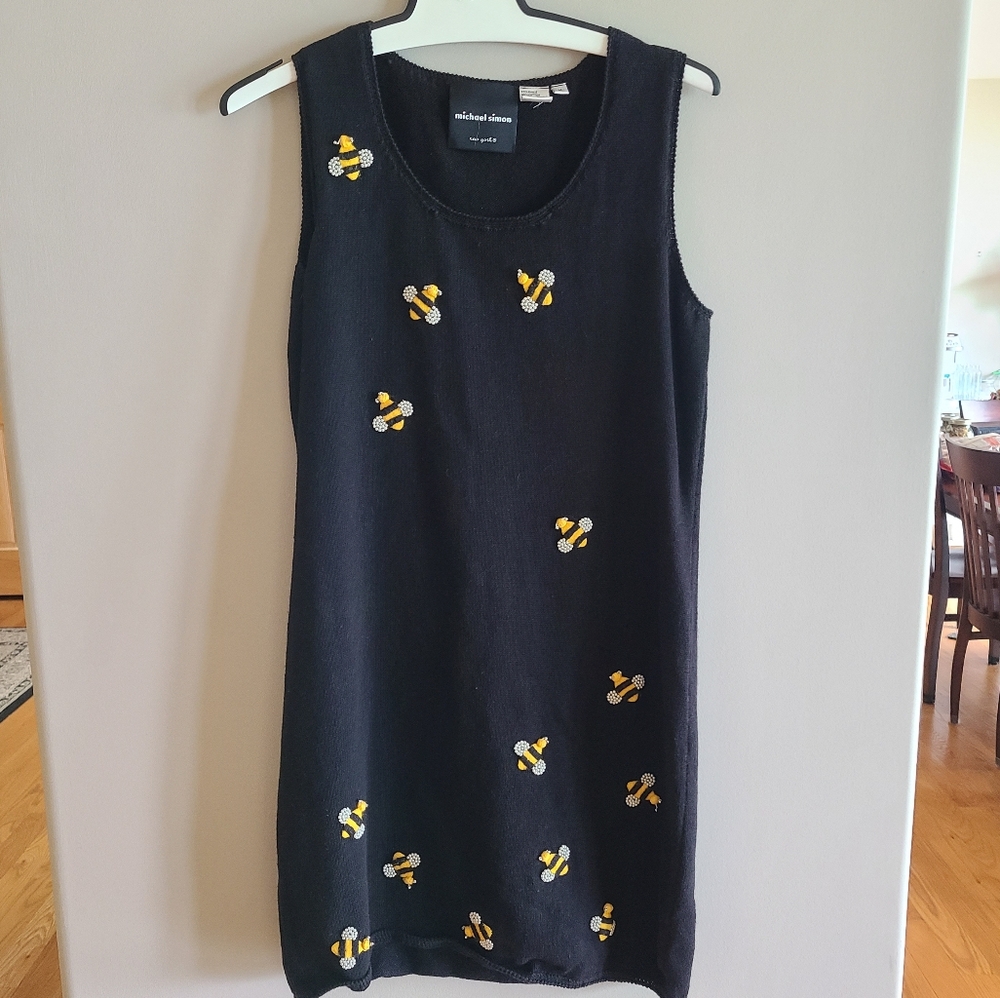 Michael Simon Black Knit 3D Bee Dress Cardigan Set ‐ Matching Set, Size M, 1998